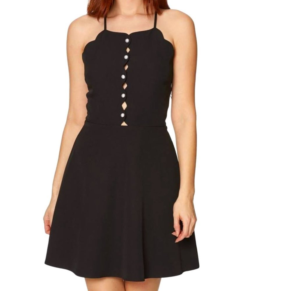 BETSEY JOHNSON Scalloped Halter Black Mini Dress W/ Pearl Buttons Size 10 NWT